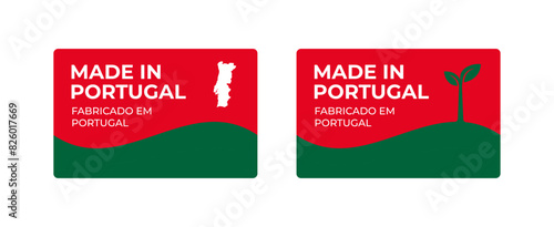 A set of rectangular Made in Portugal label stickers with a map and flag of Portugal isolated on a white background. Banner, sign, template. Vector illustration