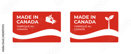 A set of rectangular Made in Canada label stickers with a map and flag of Canada isolated on a white background. Banner, sign, template. Vector illustration