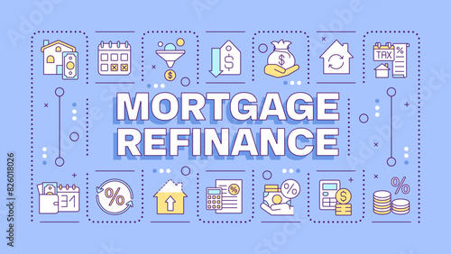 Mortgage refinancing purple word concept. Interest rates. Financial planning. Debt consolidation. Typography banner. Vector illustration with title text, editable icons color. Hubot Sans font used