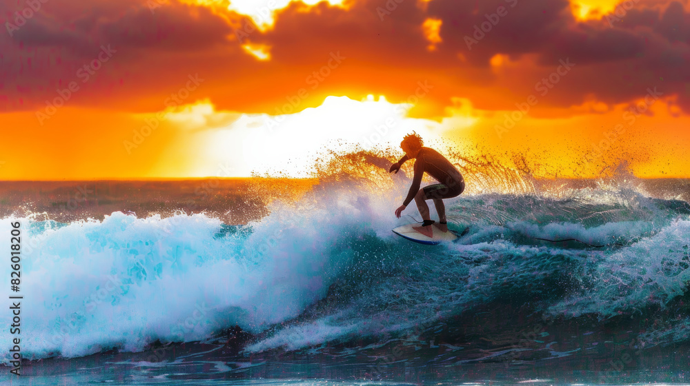 Silhouette of a surfer riding a majestic wave at sunset, the ocean aglow with fiery hues.