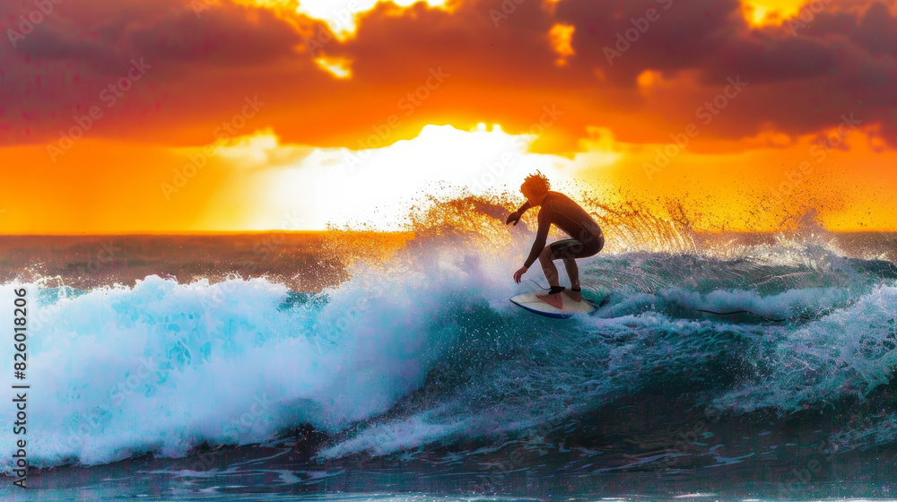 Silhouette of a surfer riding a majestic wave at sunset, the ocean aglow with fiery hues. Silhouette of a surfer riding a majestic wave at sunset, the ocean aglow with fiery hues.
