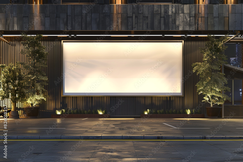 Obraz premium Modern gym facade with a blank billboard, 3D rendered, perfect for health and fitness ads, accented with a light border.