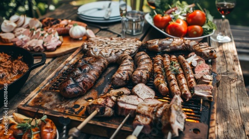 A barbecue feast spread on a table, featuring assorted grilled pork cuts, sausages, and kebabs, ready to be enjoyed with friends and family.