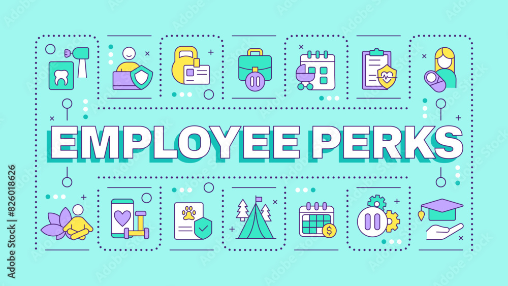 Employee perks turquoise word concept. Employee satisfaction and wellness. Parental leave. Typography banner. Vector illustration with title text, editable icons color. Hubot Sans font used Employee perks turquoise word concept. Employee satisfaction and wellness. Parental leave. Typography banner. Vector illustration with title text, editable icons color. Hubot Sans font used