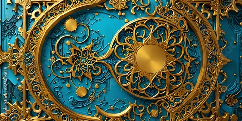 fond d'écran en relief, avec un motif doré et bleu. Style de sculpture arabe