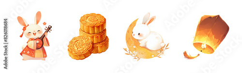 Collection of Mid-Autumn Festival illustrations, isolated on transparent background. Chinese culture and autumn celebration concept. Design for posters, greeting cards, stickers, t-shirts. photo