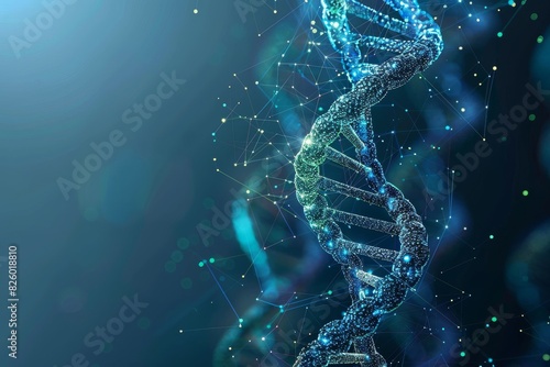 Dynamic rendering of glowing blue DNA strands in a microscopic environment, emphasizing genetic research and biotechnology advancements