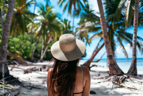 Rear view of young woman in hat on tropical beach with palm trees around and blue ocean. © Ibnu