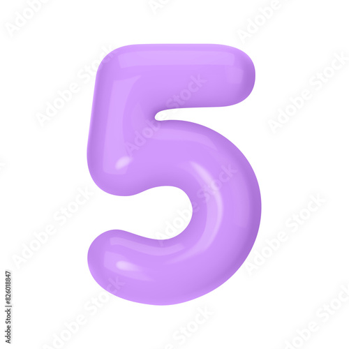 Numeral 5 - Violet Plastic Balloon Number five Isolated on White Background. 3D Style Vector Illustration