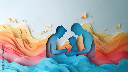 A vibrant paper-cut illustration of two adults with a child, surrounded by colorful waves and butterflies in the background.