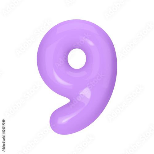 Numeral 9 - Violet Plastic Balloon Number nine Isolated on White Background. 3D Style Vector Illustration