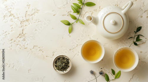 Tea set with cups and fresh leaves on a textured white surface © Mutshino_Artwork