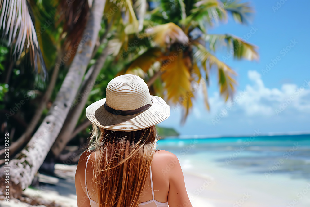 Rear view of young woman in hat on tropical beach with palm trees around and blue ocean.