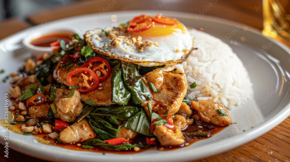 A classic plate of Pad Kra Pao, stir-fried Thai basil chicken served over steamed jasmine rice, with a fried egg on top and chili sauce on the side. A classic plate of Pad Kra Pao, stir-fried Thai basil chicken served over steamed jasmine rice, with a fried egg on top and chili sauce on the side.