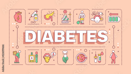 Diabetes pink word concept. Chronic illness. Symptoms and treatment. Blood glucose levels. Typography banner. Vector illustration with title text, editable icons color. Hubot Sans font used