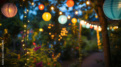 Paper lanterns of various colors illuminate an evening garden scene, giving off a warm and festive atmosphere photo