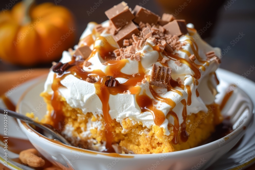 Decadent caramel drizzled pumpkin spice layer cake topped with whipped cream and chocolate shavings Decadent caramel drizzled pumpkin spice layer cake topped with whipped cream and chocolate shavings