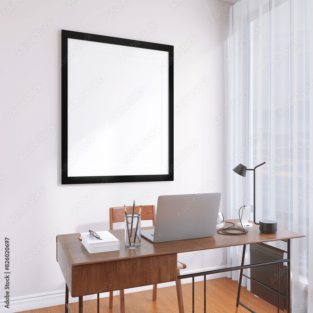Modern Living Room with Wall Poster Frame Mockup and 3D Rendered Interior Modern Living Room with Wall Poster Frame Mockup and 3D Rendered Interior
