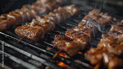 A close-up of marinated pork skewers grilling on a hot charcoal barbecue, the meat caramelizing and emitting an irresistible aroma.