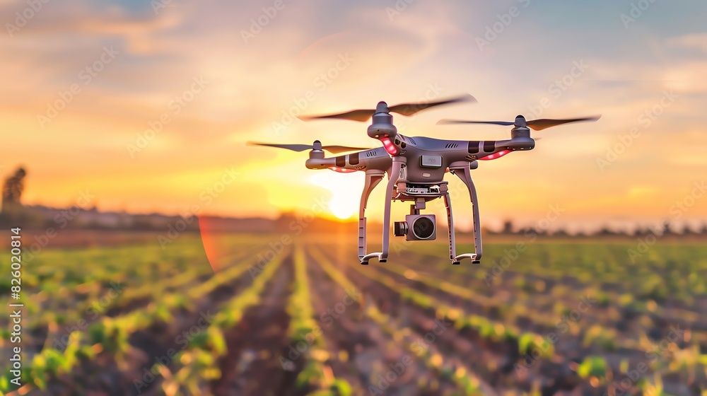 A drone flies over a field of crops at sunset A drone flies over a field of crops at sunset