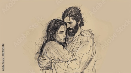 Biblical Illustration of Jesus's Comforting Embrace, Emphasizing Healing and Compassion