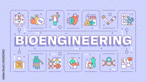 Bioengineering purple word concept. Genetic engineering. Medical devices. DNA. Bioinformatics. Typography banner. Vector illustration with title text, editable icons color. Hubot Sans font used