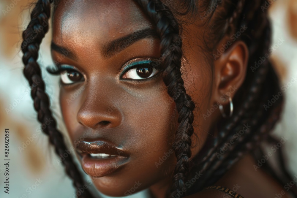 Black Woman with Beautiful Braids and Sultry Smokey Eyes in Elaborate Hairstyle Black Woman with Beautiful Braids and Sultry Smokey Eyes in Elaborate Hairstyle