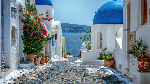 Fototapeta Naklejka Na Ścianę i Meble -  The Greek island of Santorini is picturesque, with its iconic white buildings and blue domes overlooking the sea. The cobbled streets are lined with traditional floral courtyards