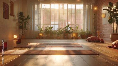 Create a photo of a yoga studio with large windows, wooden floors, and brick walls