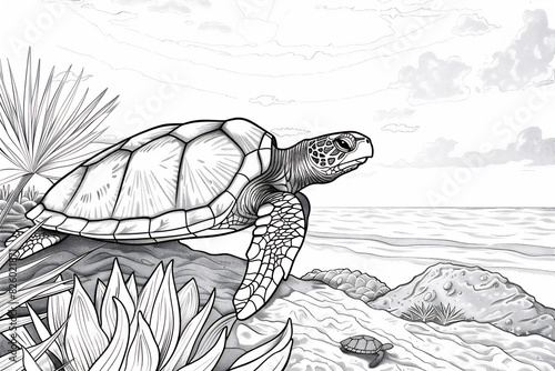 Coloring pages of turtle in tropical beach at summer photo