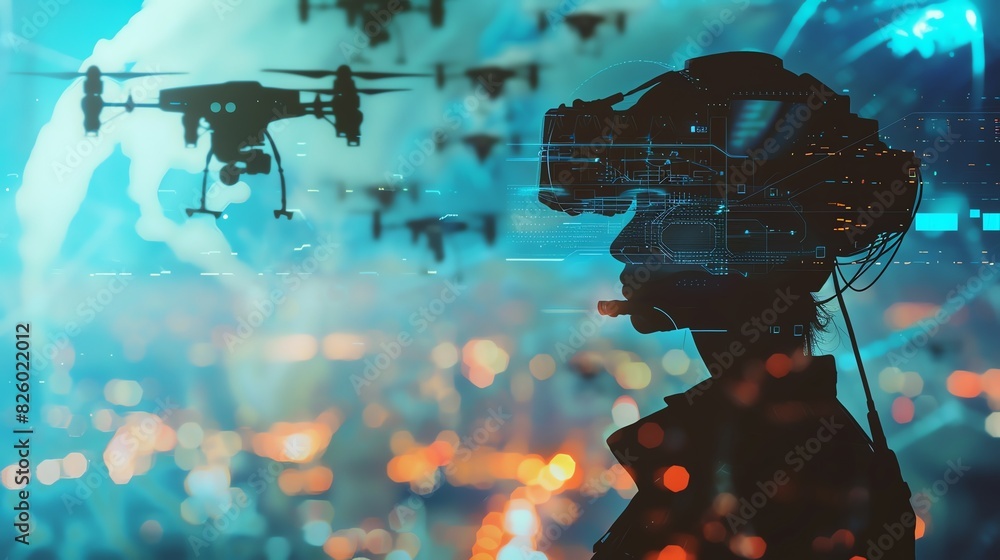 Renegade AI controlling drones close up, focus on, copy space bold ...