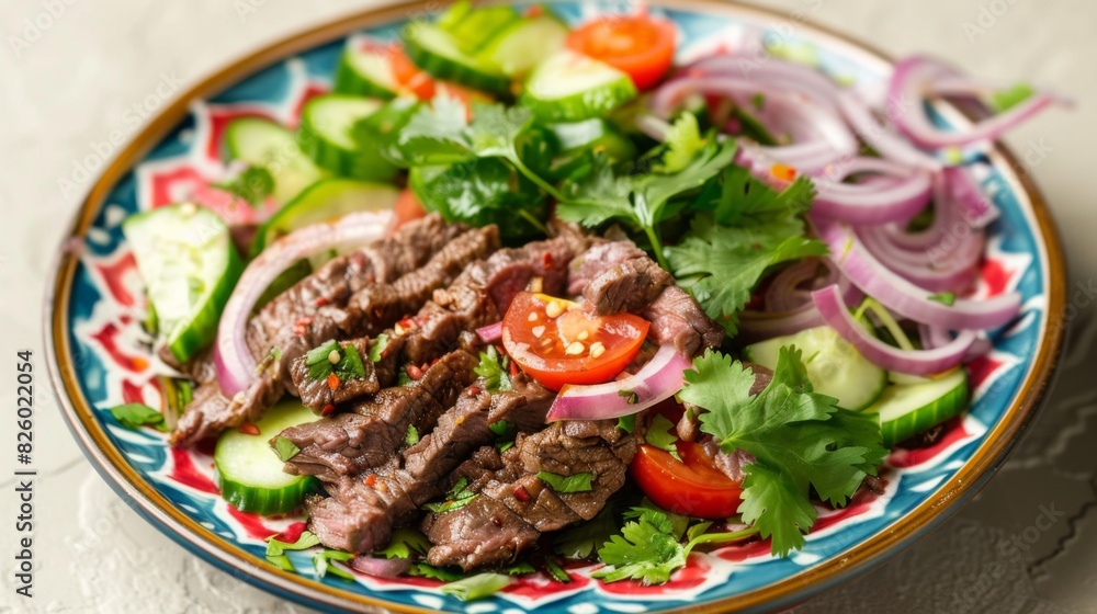 A colorful plate of Yam Nua, Thai spicy beef salad with thinly sliced grilled beef, onions, tomatoes, cucumbers, and a tangy lime dressing.