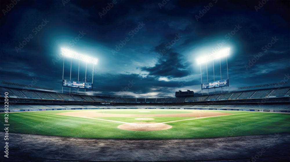 A baseball field under a starry sky with clouds, illuminated by the moon, creating a dreamy atmosphere