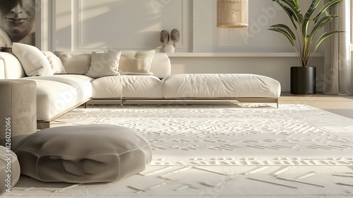 a chic white area rug adorned with subtle camel geometric patterns 