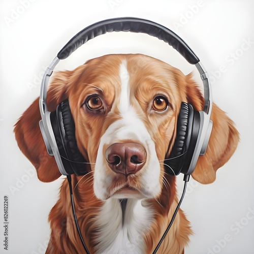dog with headphones isolated on white background