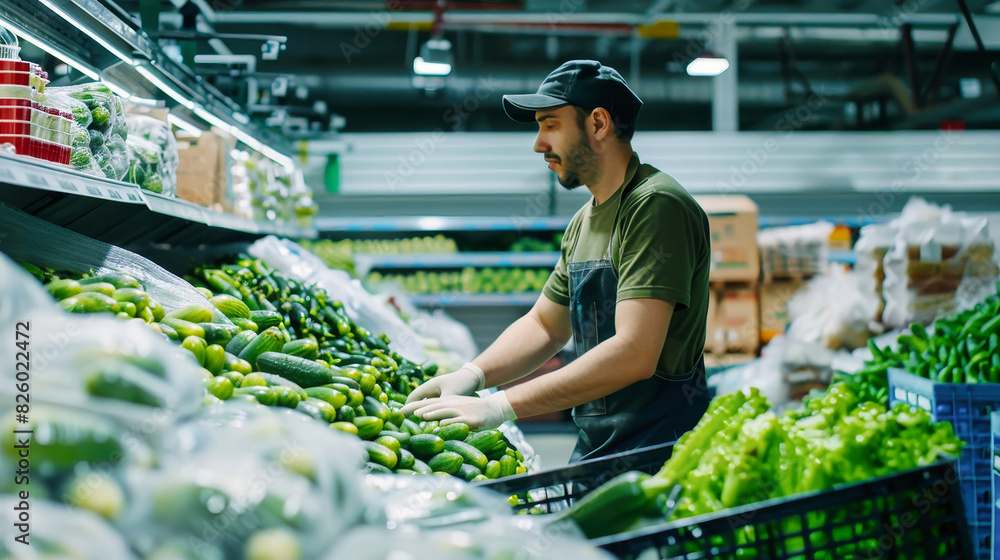A man with a thoughtful expression, wearing an apron, explores a hypermarket as he carefully selects items for his culinary creations A man with a thoughtful expression, wearing an apron, explores a hypermarket as he carefully selects items for his culinary creations