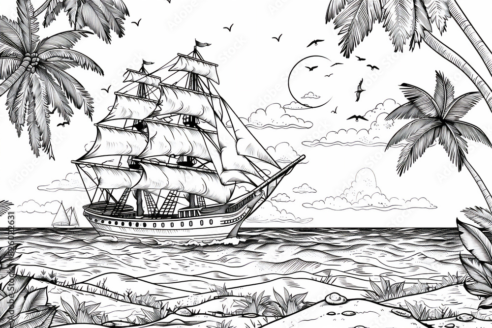 Coloring pages of tropical beach with coconut trees and sailing ship at summer Coloring pages of tropical beach with coconut trees and sailing ship at summer