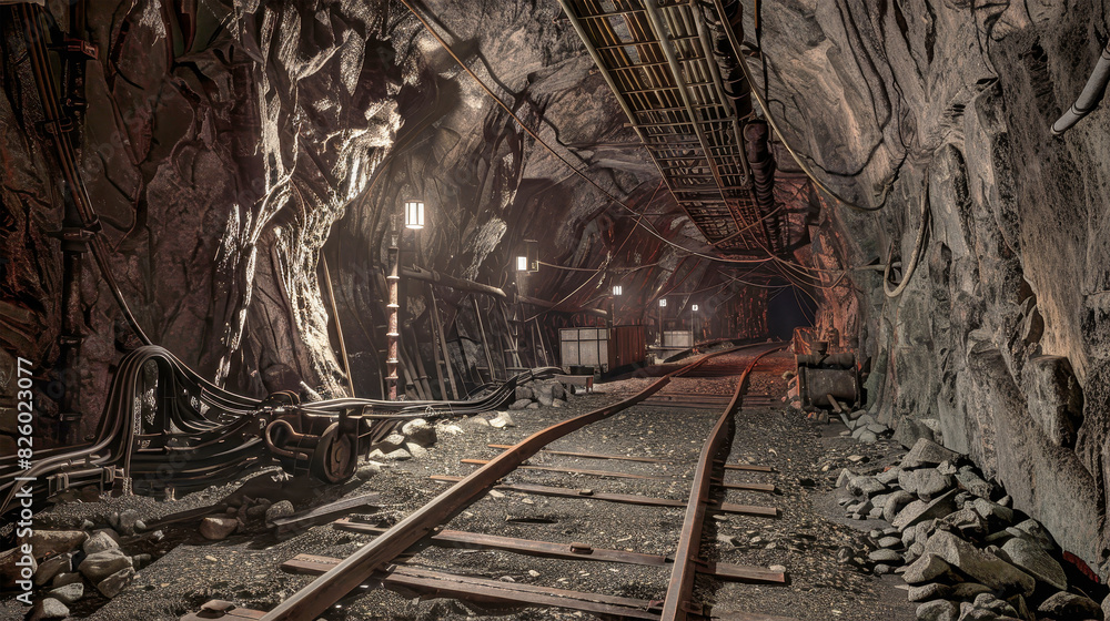Naklejka premium Mysterious shadows flicker on the walls as light barely reaches the depths of the underground mine tunnel in the darkness