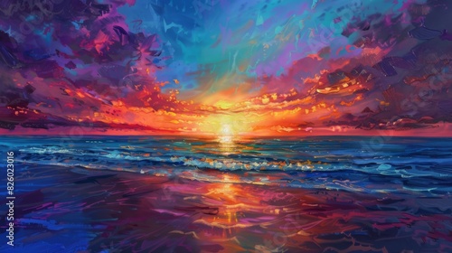 A colorful sunset over the ocean, with vibrant hues painting the sky and reflecting off the calm waves, creating a tranquil setting. photo