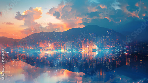 Mountain silhouettes combined with the vibrant lights of a night city through double exposure  creating a striking visual juxtaposition.