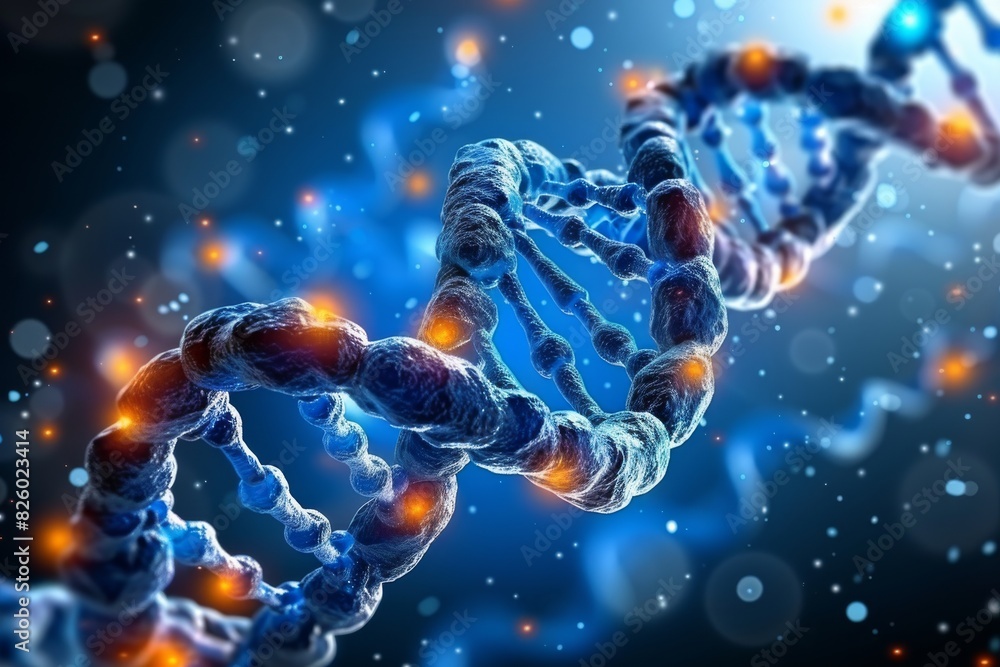 Orange and blue DNA helix in a fiery dance, symbolizing the dynamic interplay of genetic elements Orange and blue DNA helix in a fiery dance, symbolizing the dynamic interplay of genetic elements
