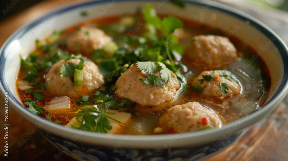 A comforting bowl of Gaeng Jued, Thai clear soup with pork meatballs, tofu, and vegetables, flavored with garlic and cilantro. A comforting bowl of Gaeng Jued, Thai clear soup with pork meatballs, tofu, and vegetables, flavored with garlic and cilantro.