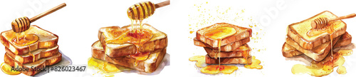 A piece of bread with honey, illustration style with watercolor brushstrokes on white background