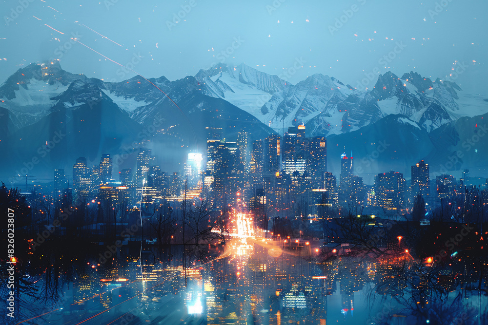 Double exposure of a mountain range overlapping with the illuminated skyline of a city at night, creating a compelling image of contrast. Double exposure of a mountain range overlapping with the illuminated skyline of a city at night, creating a compelling image of contrast.