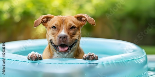 A joyous canine enjoys a refreshing dip in an inflatable pool. Concept Dog, Canine, Inflatable Pool, Refreshing Dip, Joyous photo