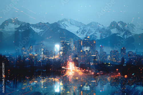 Double exposure of a mountain range overlapping with the illuminated skyline of a city at night  creating a compelling image of contrast.