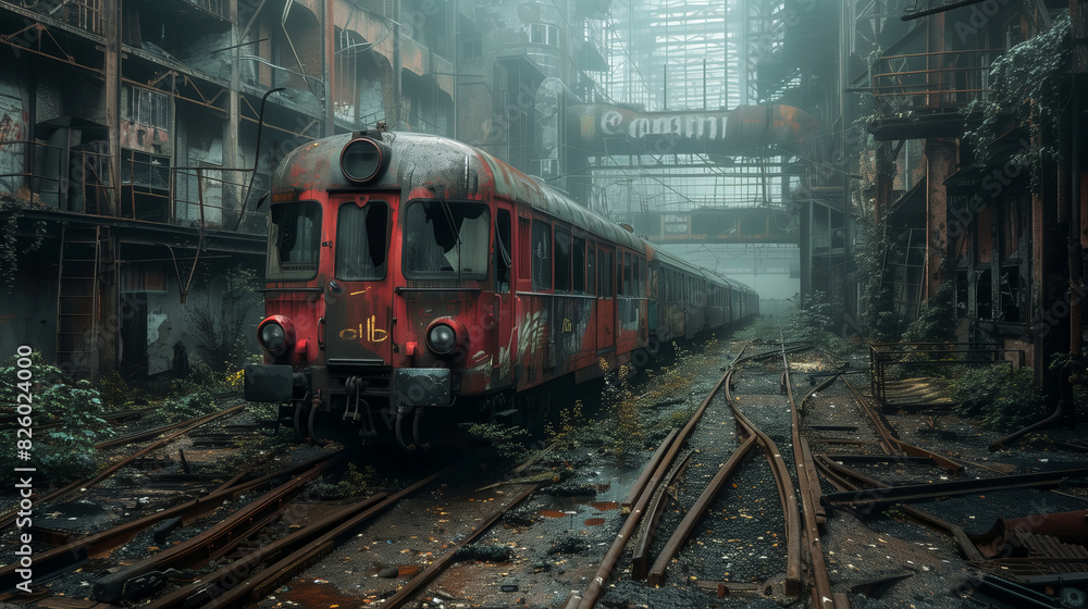 A derelict train yard with trains frozen in time A derelict train yard with trains frozen in time