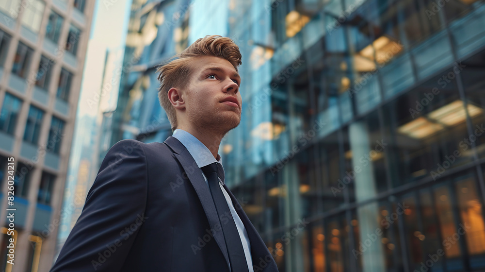 A young businessman in a suit looks at a building with a city street in the background A young businessman in a suit looks at a building with a city street in the background