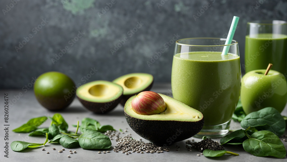 A glass of green smoothie next to a green apple and avocado.
A glass of green smoothie next to a green apple and avocado.