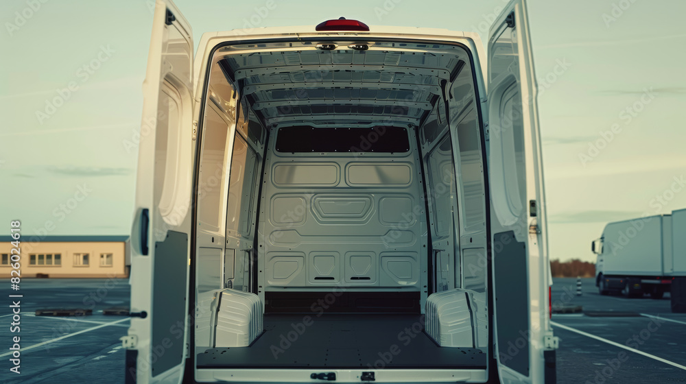 Empty cargo van interior, signaling potential and a blueprint for custom mobile solutions. Empty cargo van interior, signaling potential and a blueprint for custom mobile solutions.